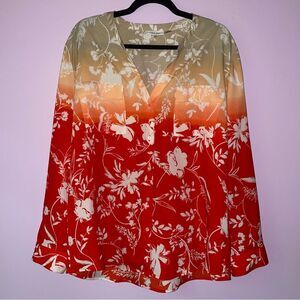 Calvin Klein Blouse XL Red Ombre Whimsical Floral Button Long Sleeve